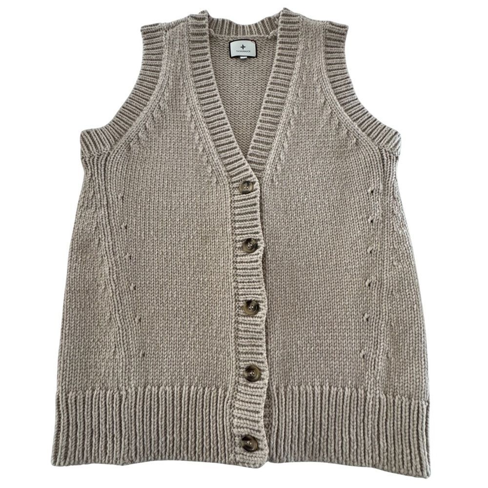 Tuckernuck Wool Blend Sweater Vest Chunky Knit Button Front Oversized Large Tan